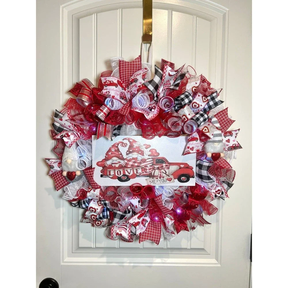 Handmade Valentine’s Gnome LOVE Truck Ribbon Prelit Wreath 22 ins LED W15